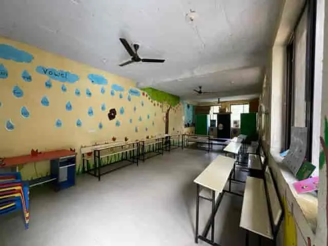 Classroom with painted rain-drop walls and low tables