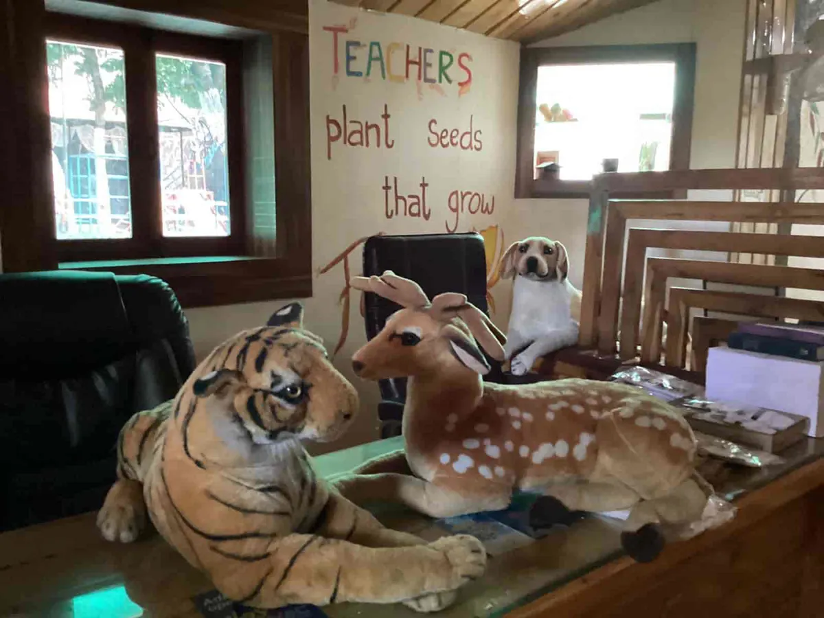 Wall at Playway reading 'Teachers plant seeds that grow' above soft toy animals